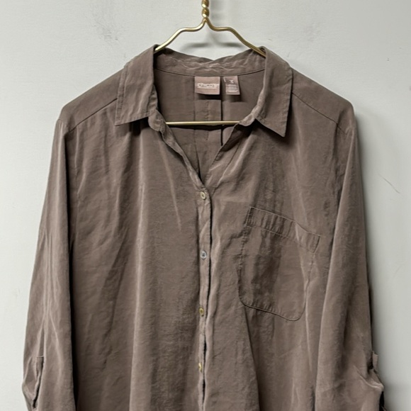 Chicos Blouse Tan Button Roll Tab Size 3 Modal Polyester Women's XL Office Soft - Picture 2 of 11